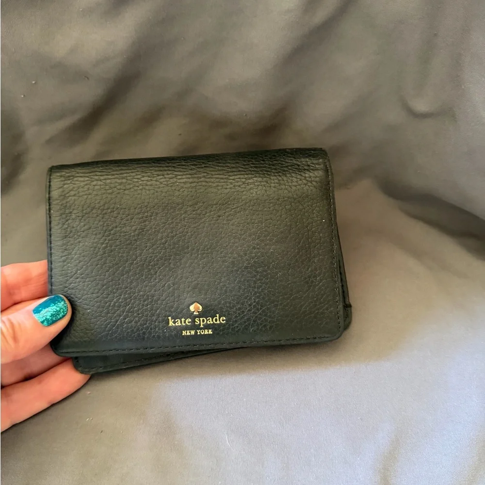 kate spade Black Pebbled Leather Compact Wallet with Gold Logo